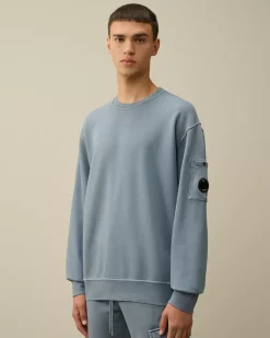 Sweatshirts<C.P. Company Brushed and Emerized Diagonal Fleece Lens Crew Neck Sweatshirt Flint Stone – Blue