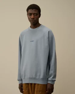 Sweatshirts<C.P. Company Brushed and Emerized Diagonal Fleece Logo Crew Neck Sweatshirt Flint Stone – Blue