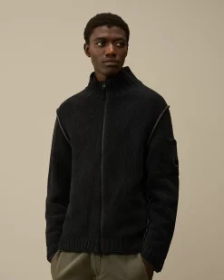 Jumpers<C.P. Company Cotton Chenille Double Zipped Knit Black Sand