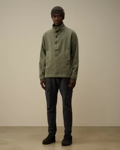 Sweatshirts<C.P. Company Diagonal Fleece Mixed Half Buttoned Sweatshirt Grape Leaf – Green