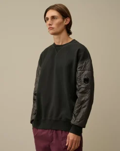 Sweatshirts<C.P. Company Diagonal Raised Fleece Mixed Quilted Crew Neck Sweatshirt Black Sand