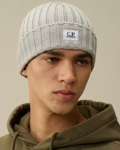 Hats<C.P. Company Extra Fine Merino Wool Logo Beanie Moon Melange – Grey