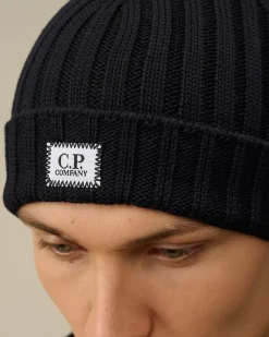 Hats<C.P. Company Extra Fine Merino Wool Logo Beanie Total Eclipse – Blue