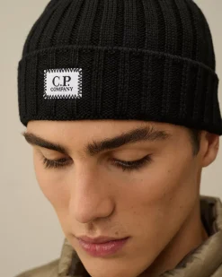 Hats<C.P. Company Extra Fine Merino Wool Logo Beanie Black