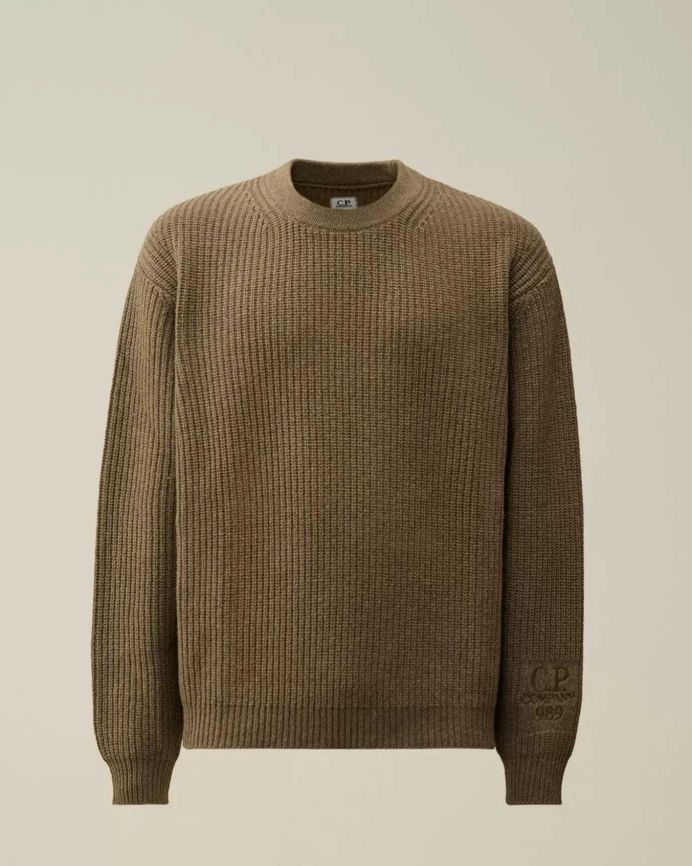 Jumpers<C.P. Company Lambswool GRS Boxy Crew Neck Ribbed Knit Walnut – Beige
