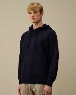 Jumpers<C.P. Company Lambswool GRS Boxy Hooded Knit Total Eclipse – Blue