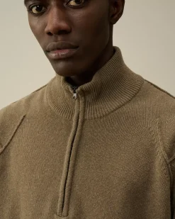 Jumpers<C.P. Company Lambswool GRS Half Zipped Knit Walnut – Beige