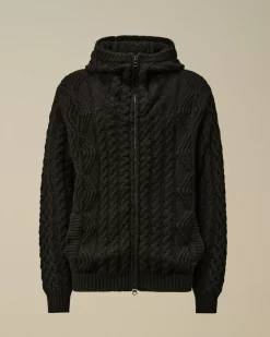 Jumpers<C.P. Company Lambswool Hooded Zipped Logo Knit Black