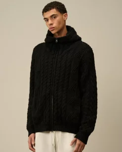 Jumpers<C.P. Company Lambswool Hooded Zipped Logo Knit Black