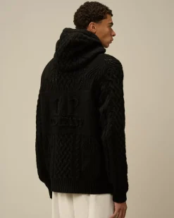 Jumpers<C.P. Company Lambswool Hooded Zipped Logo Knit Black