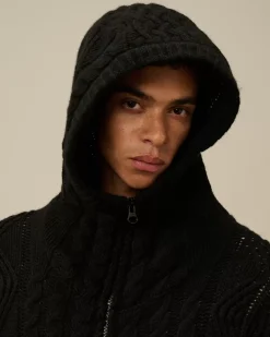 Jumpers<C.P. Company Lambswool Hooded Zipped Logo Knit Black
