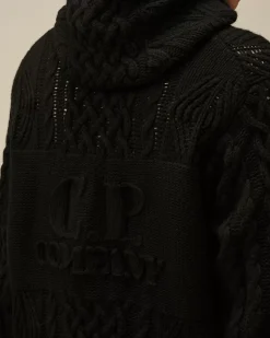 Jumpers<C.P. Company Lambswool Hooded Zipped Logo Knit Black
