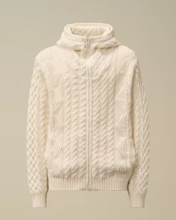 Jumpers<C.P. Company Lambswool Hooded Zipped Logo Knit Gauze White