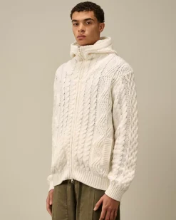 Jumpers<C.P. Company Lambswool Hooded Zipped Logo Knit Gauze White