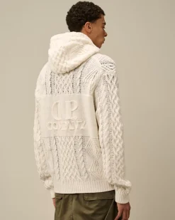Jumpers<C.P. Company Lambswool Hooded Zipped Logo Knit Gauze White