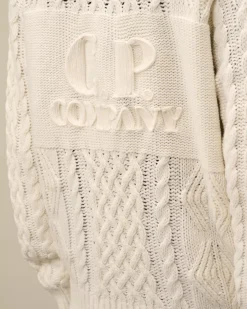 Jumpers<C.P. Company Lambswool Hooded Zipped Logo Knit Gauze White