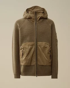 Jumpers<C.P. Company Lambswool Mixed Hooded Full Zip Knit Walnut – Beige