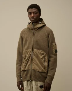 Jumpers<C.P. Company Lambswool Mixed Hooded Full Zip Knit Walnut – Beige