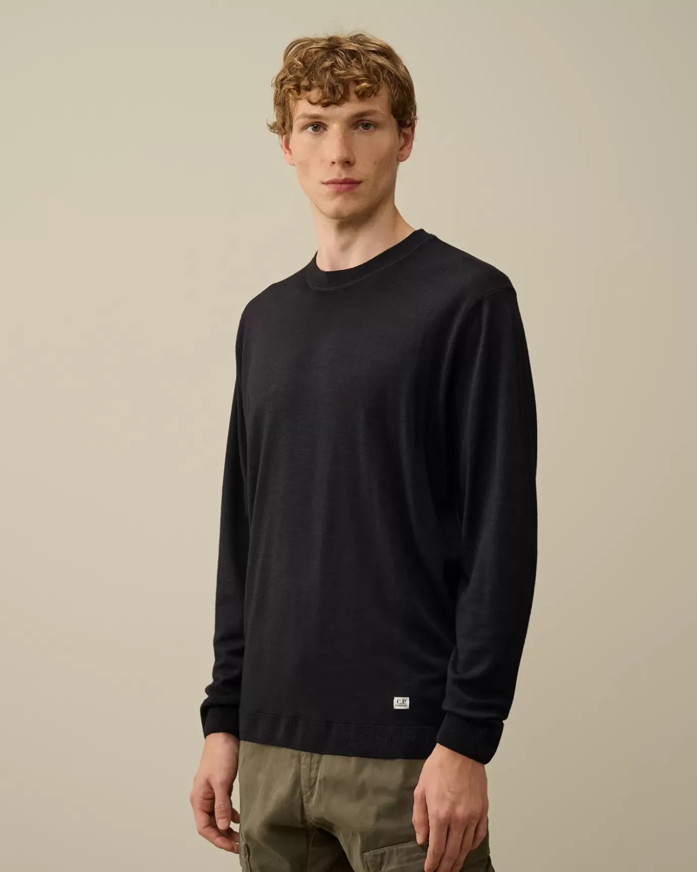 Jumpers<C.P. Company Merino Wool Fast Dyed Crew Neck Logo Knit Total Eclipse – Blue