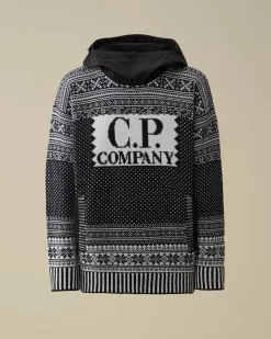 Jumpers<C.P. Company Wool Jacquard Mixed Hooded Logo Knit Var.02 – Black