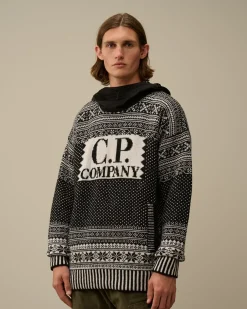 Jumpers<C.P. Company Wool Jacquard Mixed Hooded Logo Knit Var.02 – Black