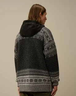 Jumpers<C.P. Company Wool Jacquard Mixed Hooded Logo Knit Var.02 – Black