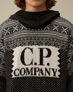 Jumpers<C.P. Company Wool Jacquard Mixed Hooded Logo Knit Var.02 – Black