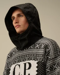 Jumpers<C.P. Company Wool Jacquard Mixed Hooded Logo Knit Var.02 – Black