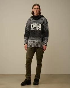 Jumpers<C.P. Company Wool Jacquard Mixed Hooded Logo Knit Var.02 – Black